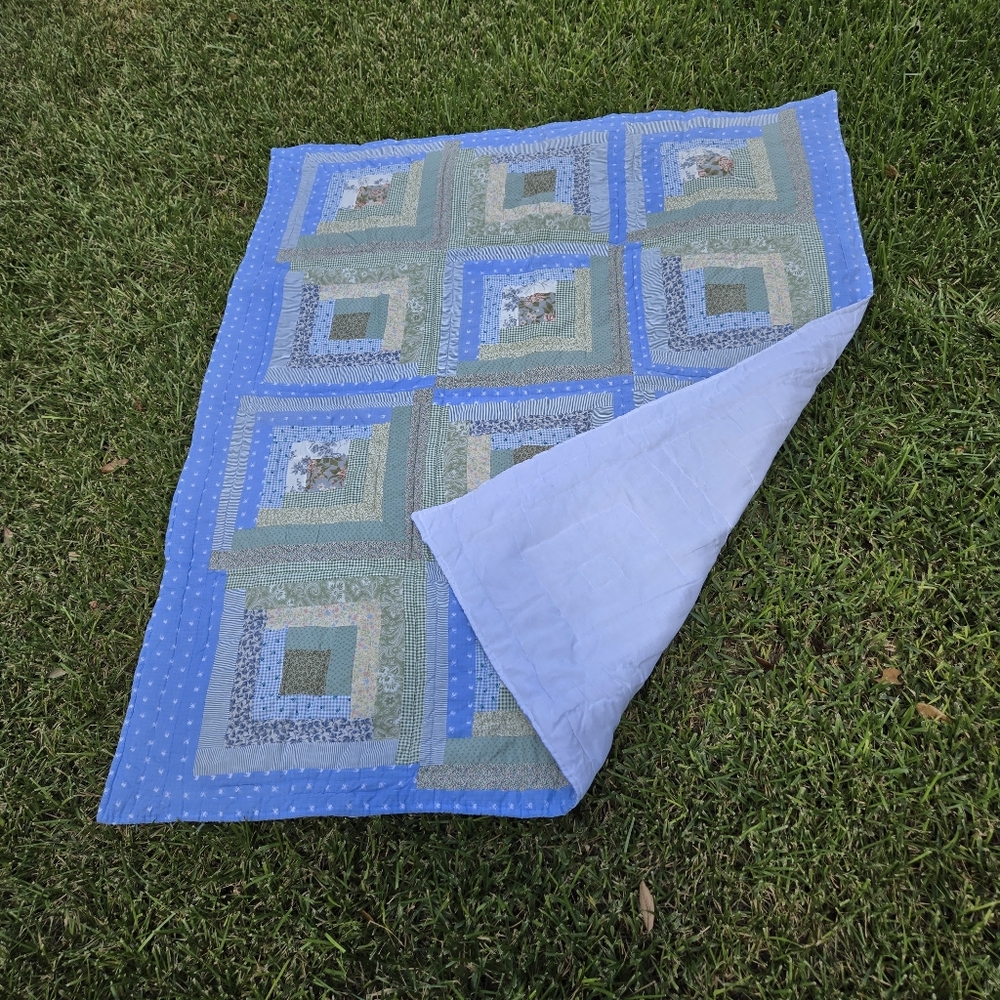 Vintage Log Cabin Lap Quilt stripe logcabin block squares blue green crib quilt - Picture 5 of 14